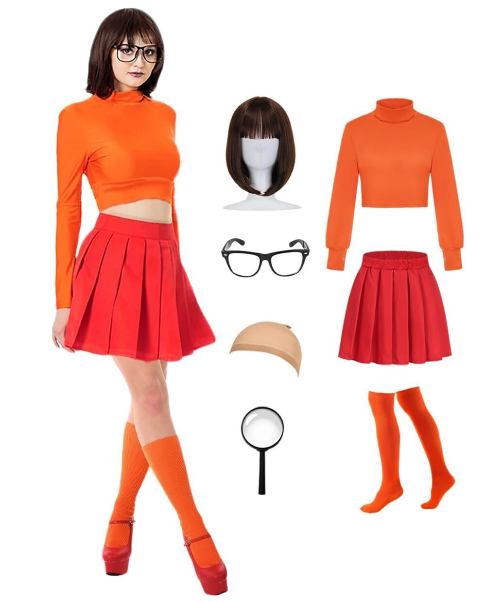 9941 Velma Costume Sexy Adult Long Sleeve Orange Crop Top Red Mini Skirt